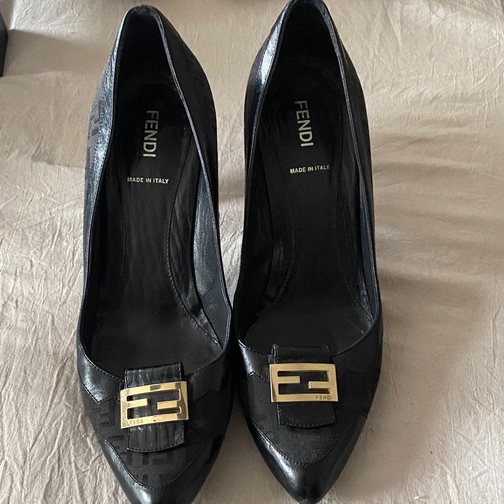 Fendi Black Leather Heels with Gold Accent